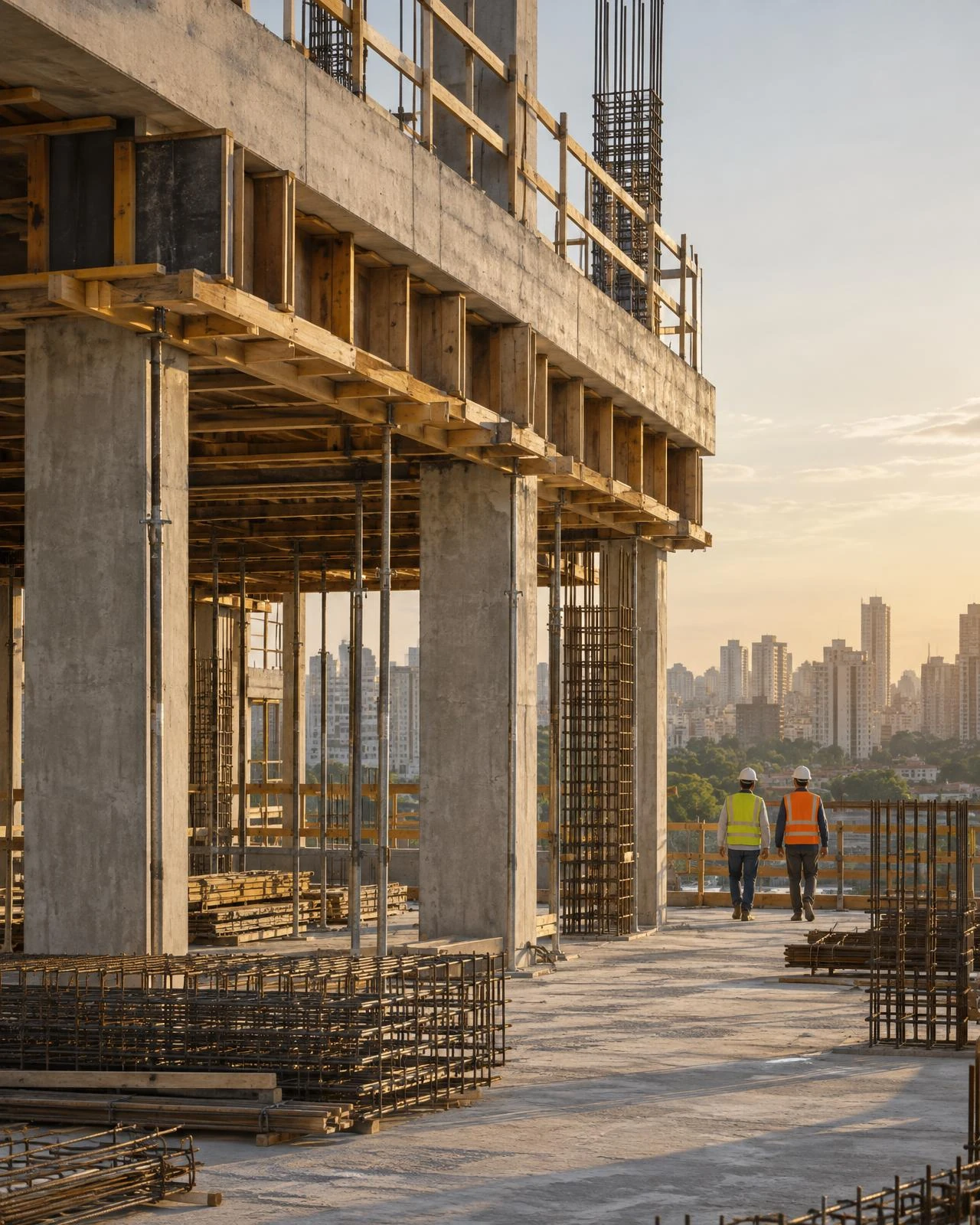 Canteiro organizado com estrutura de concreto e dois profissionais de costas usando capacetes e coletes de segurança.