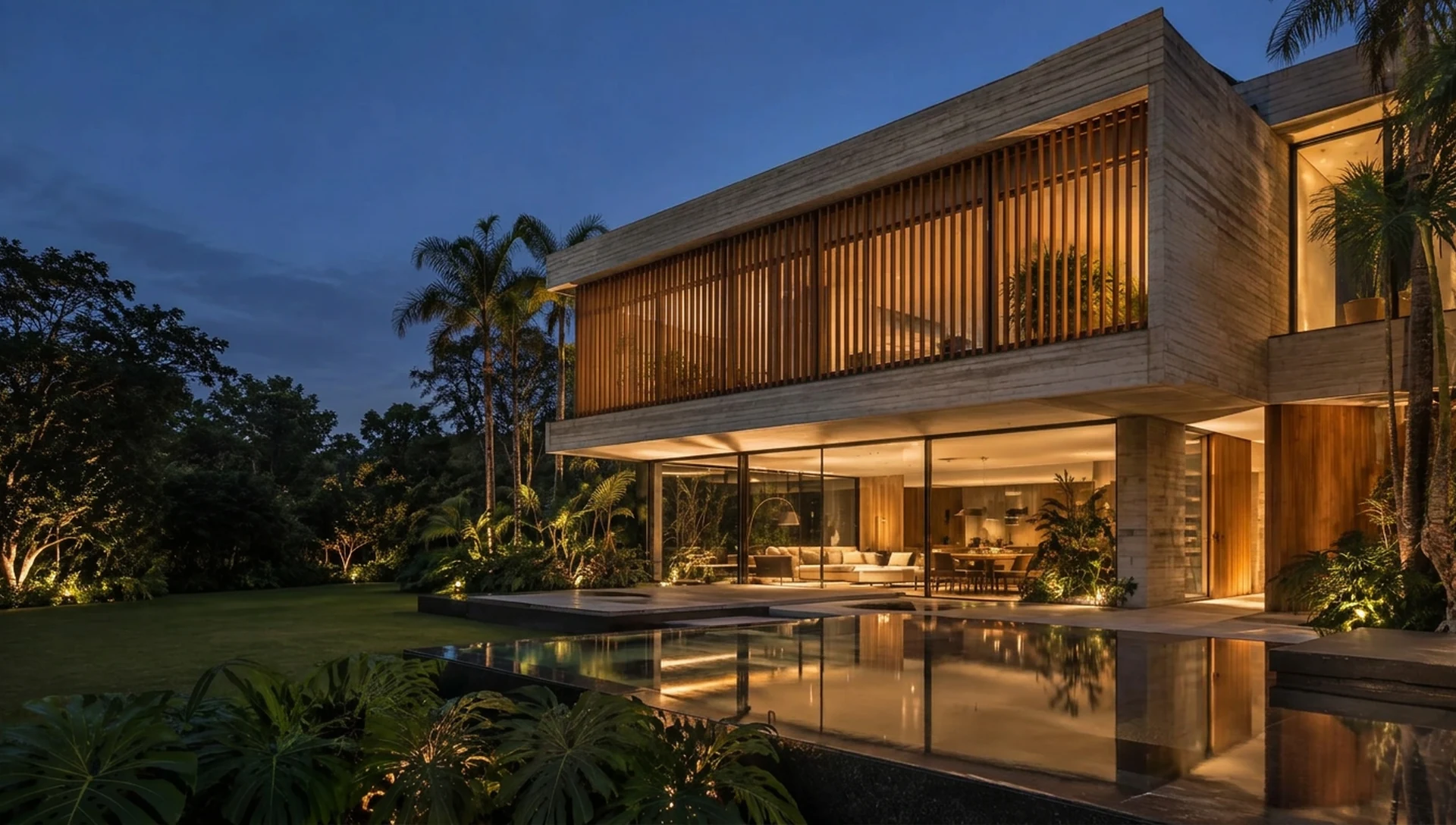 Residência contemporânea de dois pavimentos em São Paulo, com concreto aparente, brises de madeira, jardim tropical e espelho d’água ao anoitecer.