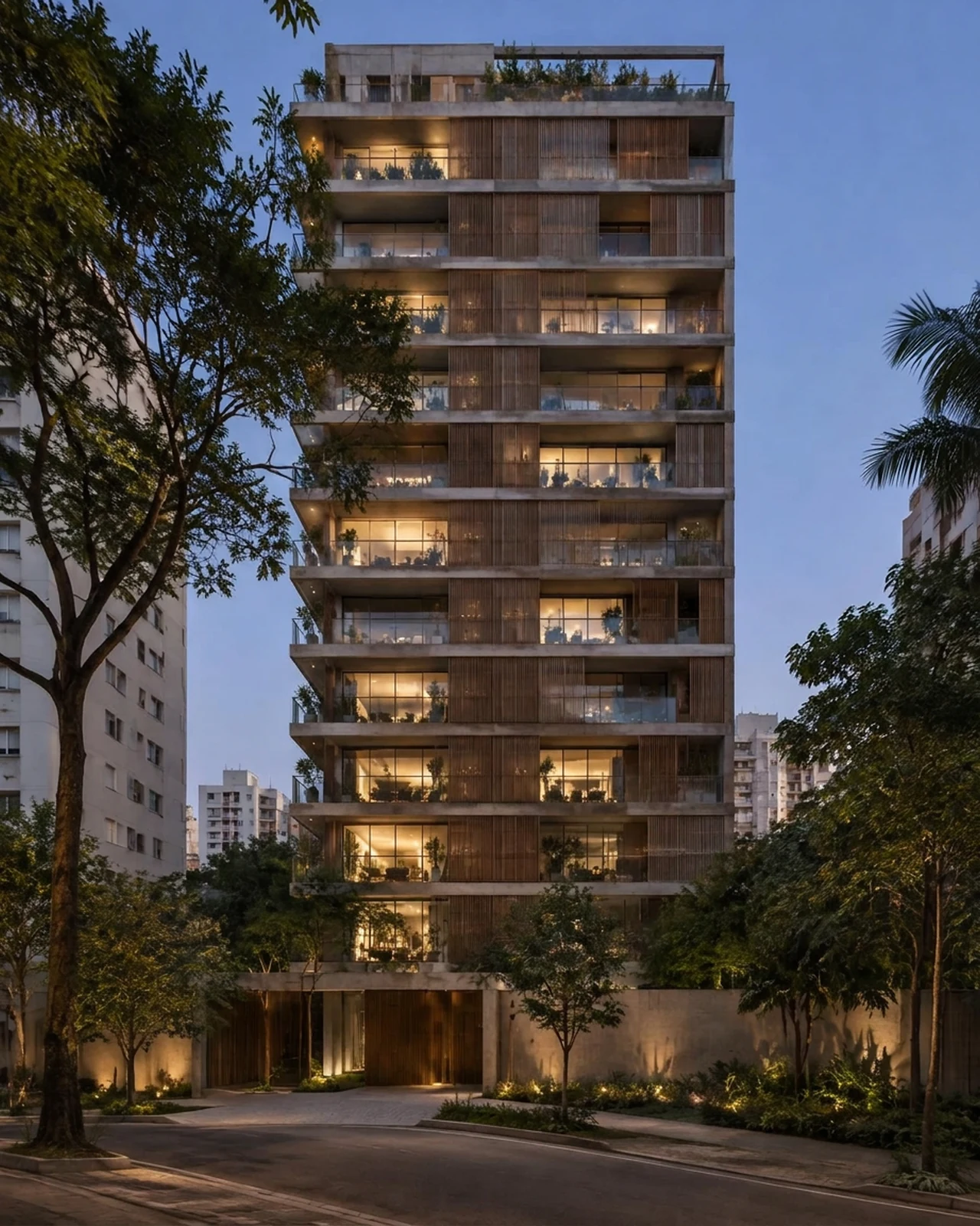 Edifício residencial na Vila Madalena ao anoitecer, com concreto, varandas de vidro, brises de madeira e rua arborizada.