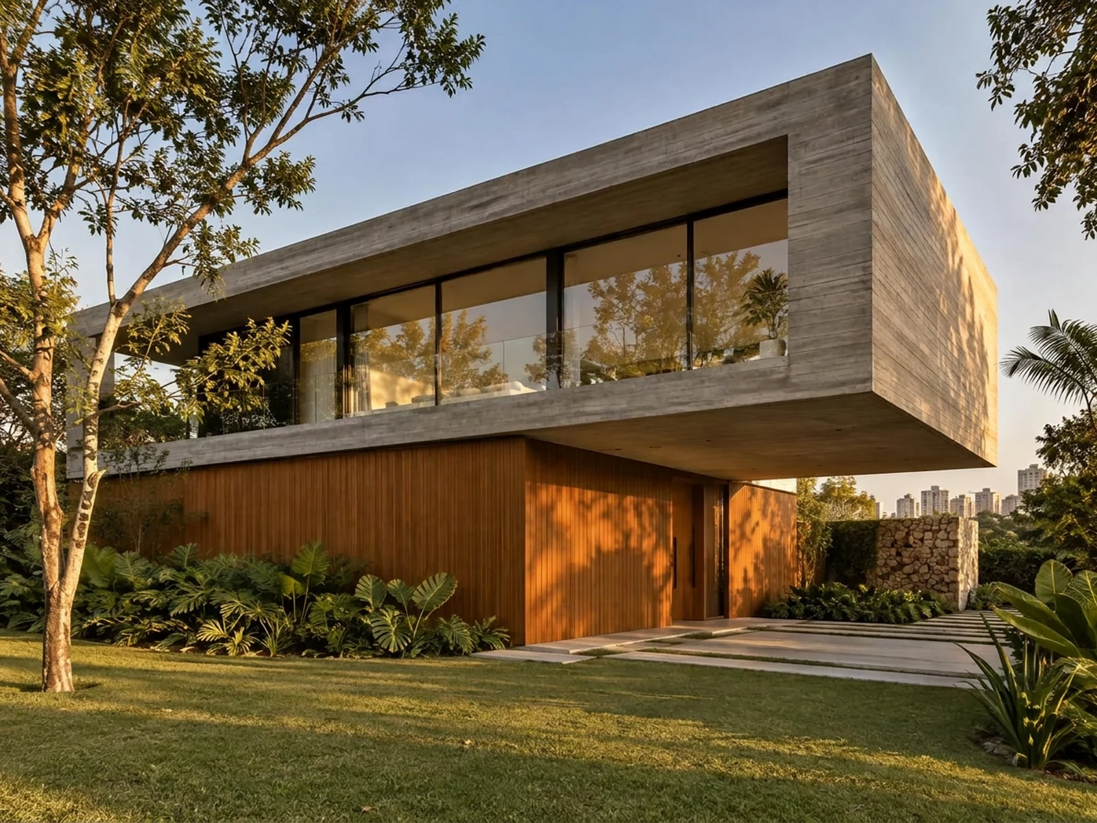 Casa contemporânea com balanço de concreto aparente, freijó e jardim na luz dourada do fim da tarde.