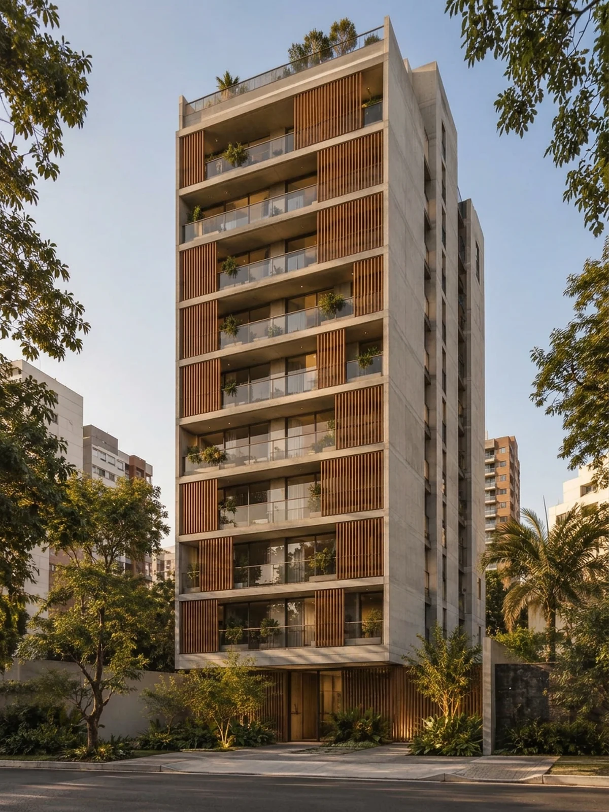 Edifício residencial em Pinheiros com concreto, vidro e brises de madeira ao fim da tarde.