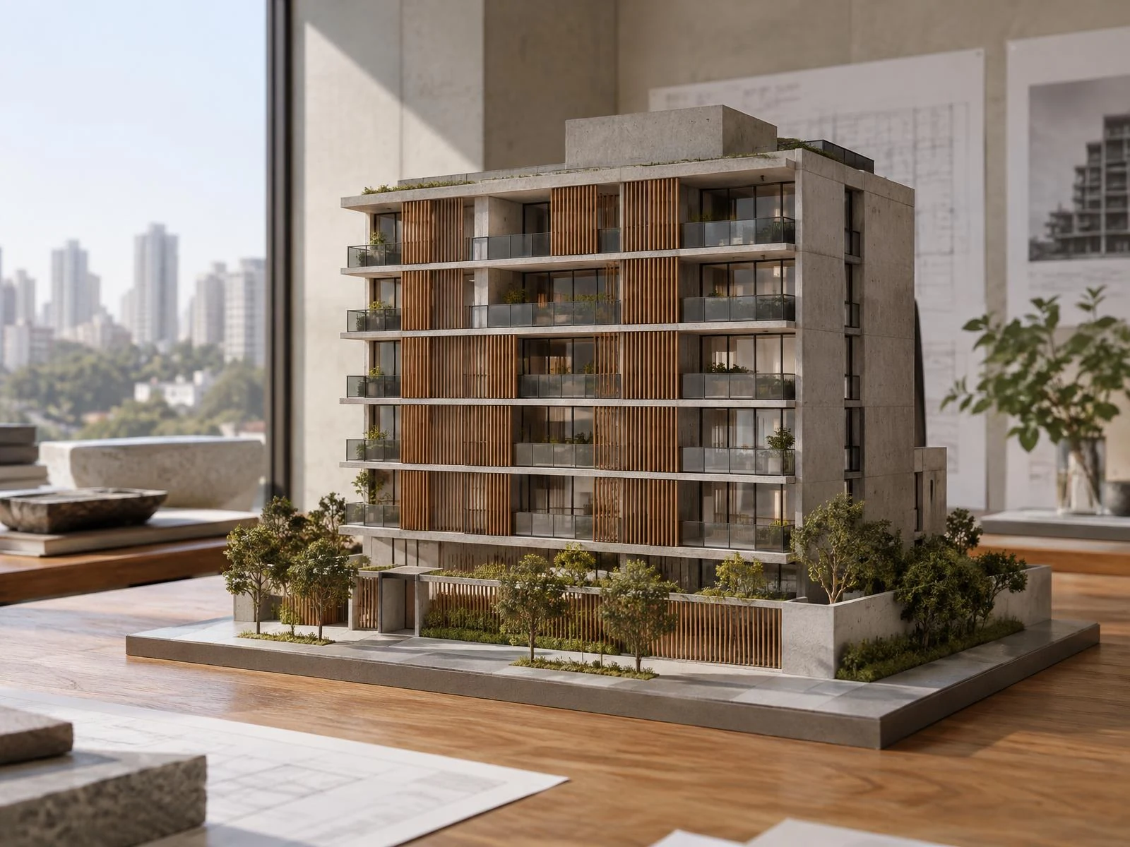 Maquete arquitetônica de edifício residencial de concreto, vidro e brises de madeira sobre mesa de freijó em sala de projetos iluminada por luz natural.